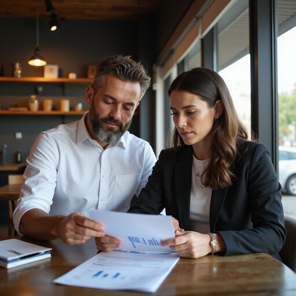 Man and woman reviewing documents together at a table in a cafe.