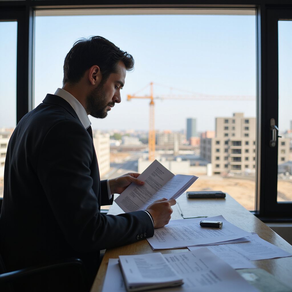 Man in suit seated by window reading documents, city view with construction crane visible.