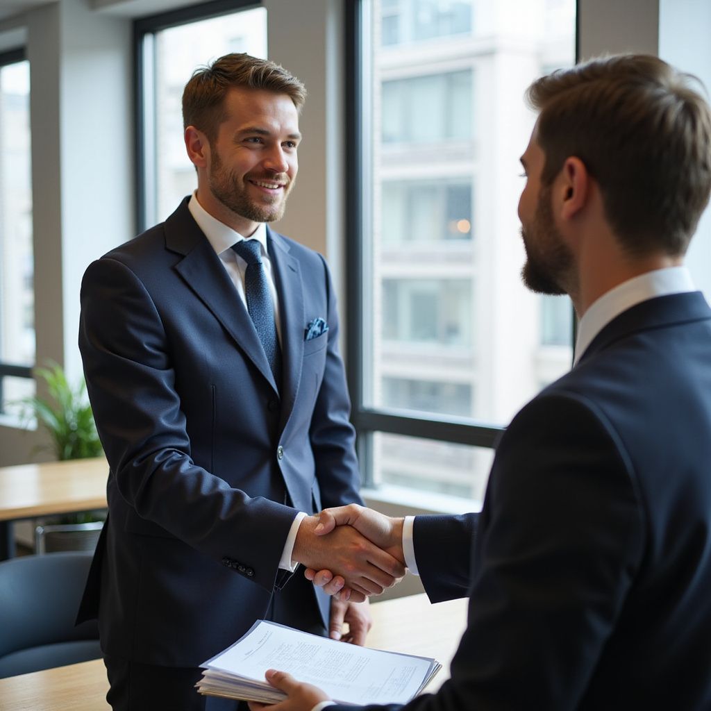 Two men in suits shaking hands in an office, one smiling, holding papers.