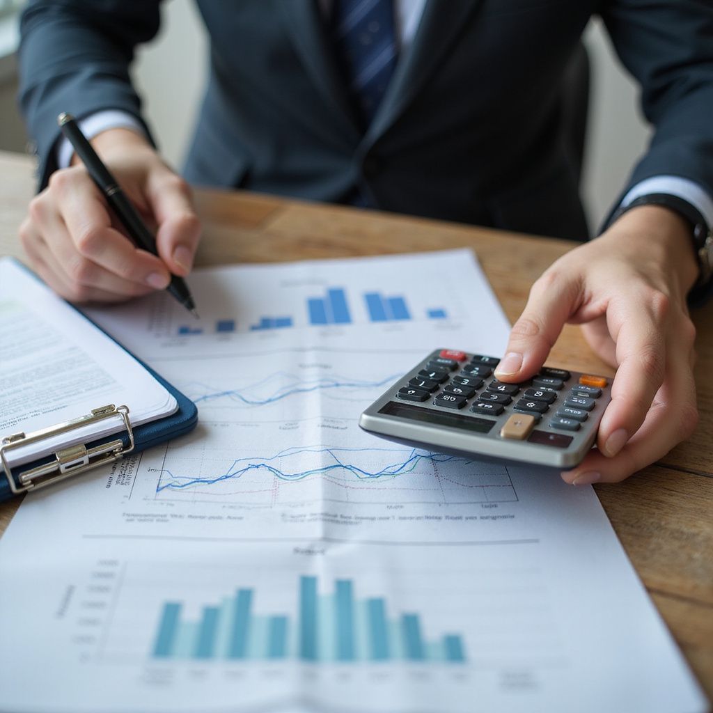 Person in suit using a calculator and pen, analyzing financial charts and graphs on a wooden desk.