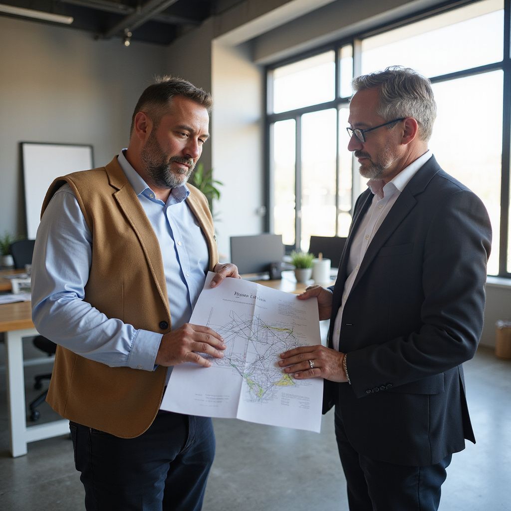 Two men in an office examine a blueprint, discussing. One wears a blazer, the other a vest. Sunlight streams in.