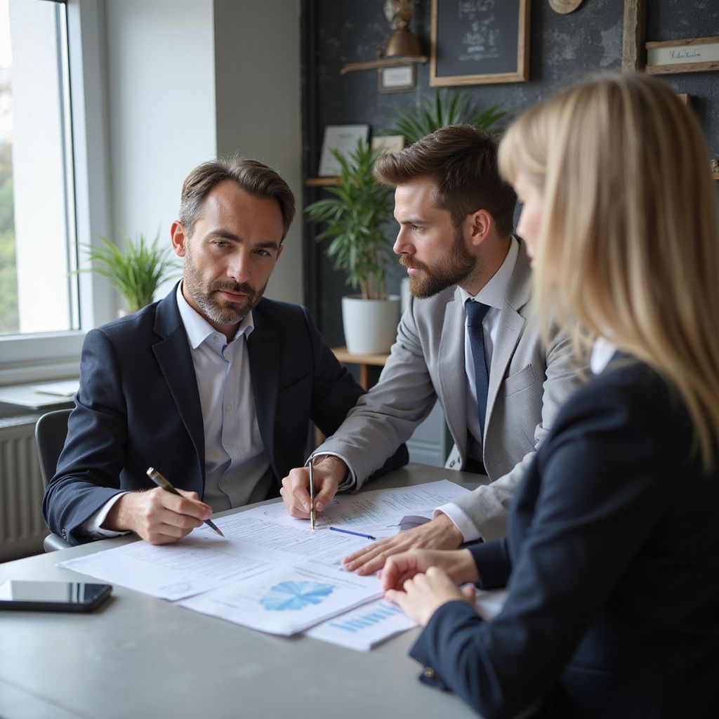 Three professionals in suits reviewing documents at a table.