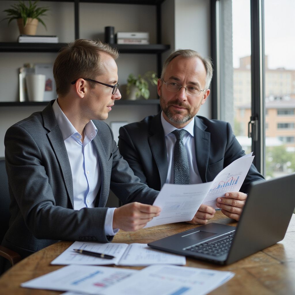 Two men in suits reviewing documents near a laptop at a table in an office.
