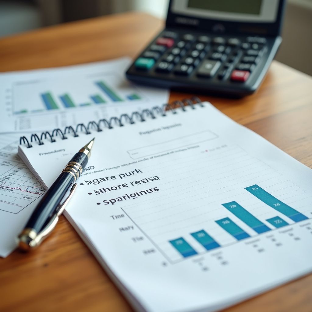 Notebook with graph, pen, and calculator on a wooden desk with business charts.