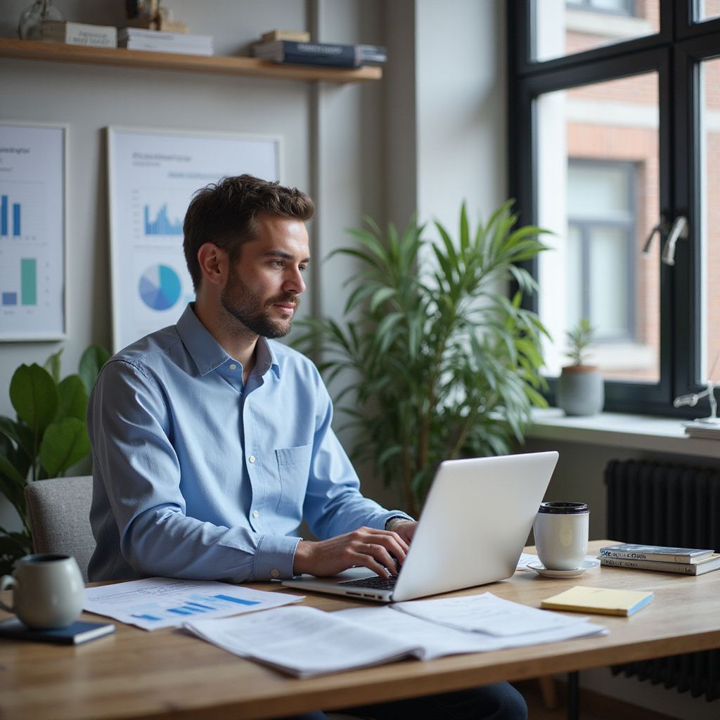 Man working on a laptop at a desk in a home office with plants, charts, and a window.