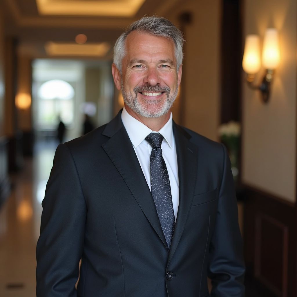 Man in suit smiles in a well-lit hallway.