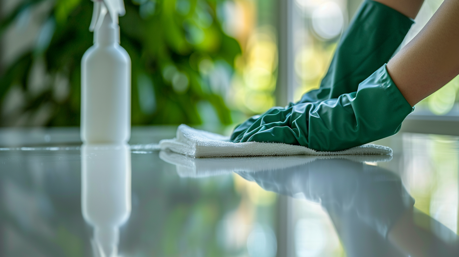Hands in green gloves wiping a white surface with a white cloth, a spray bottle nearby.