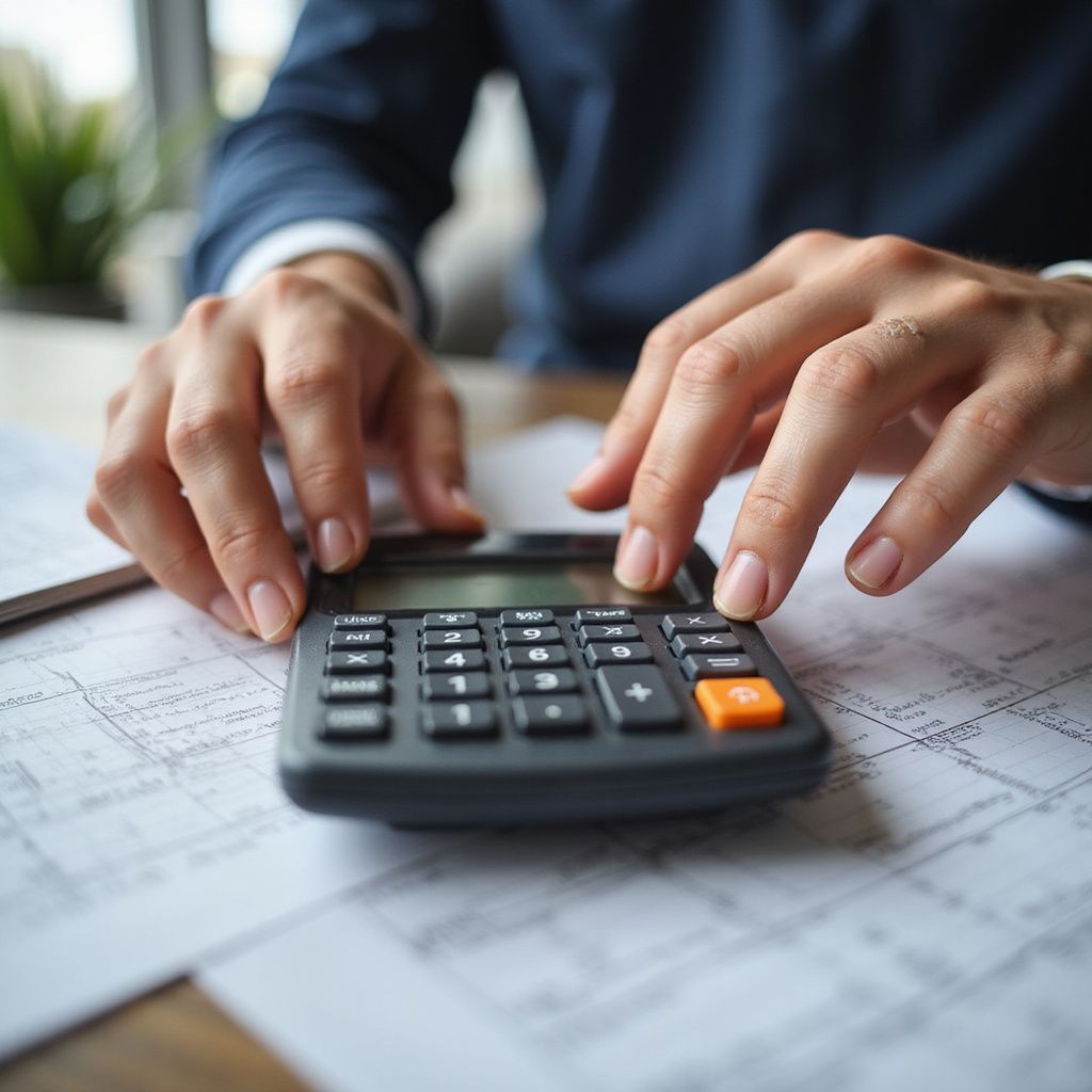 Hands using a calculator on a desk with papers; person wearing a blue suit.
