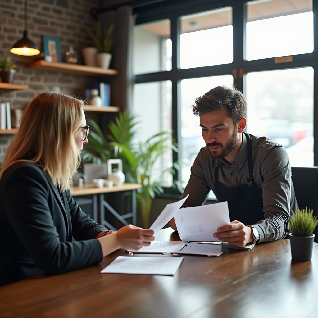 A woman and a man reviewing papers together at a table in a cafe.