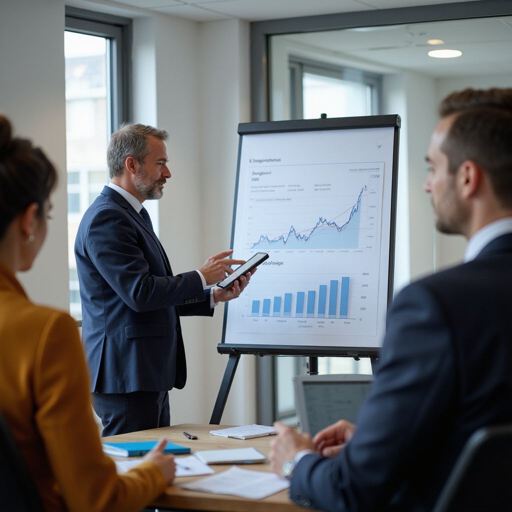 Business presentation: Man in suit points at chart on easel, two colleagues observe.