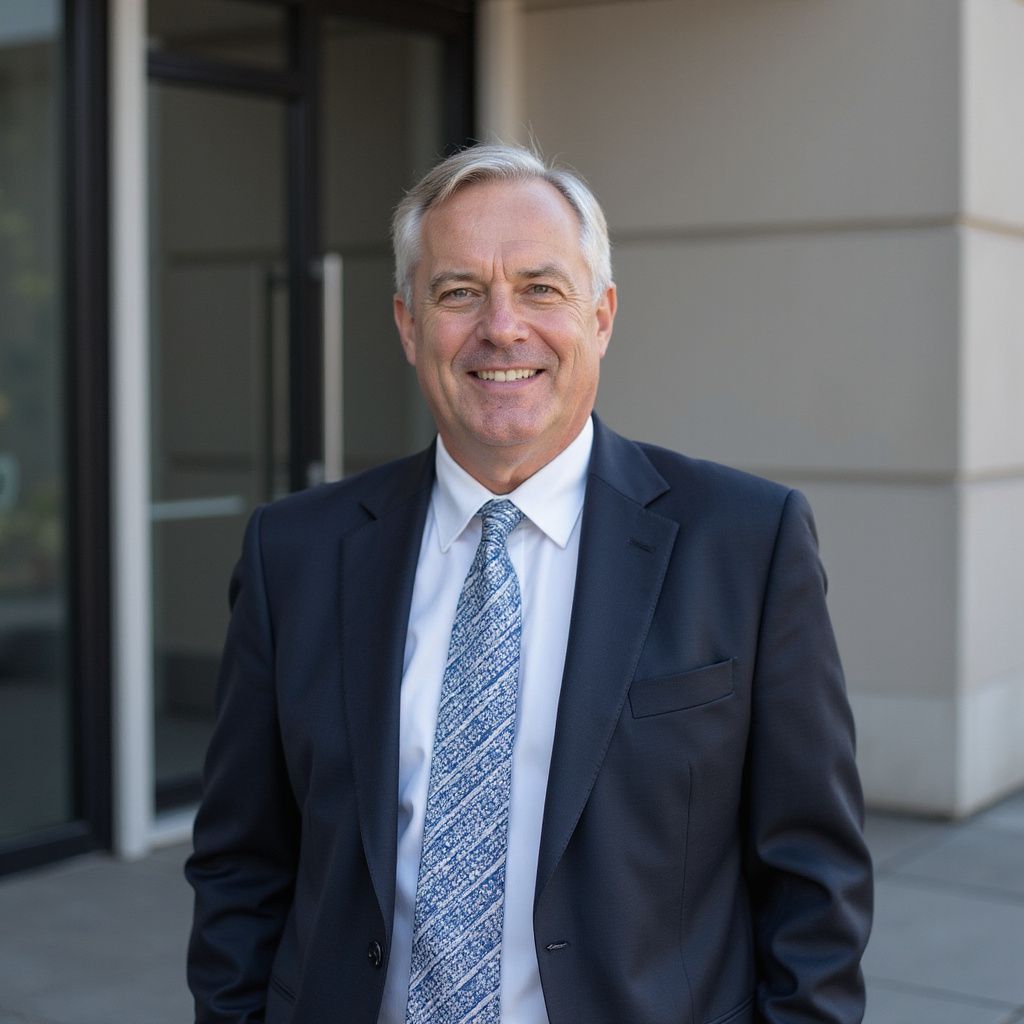 Man in a suit smiles outside a building with glass doors.
