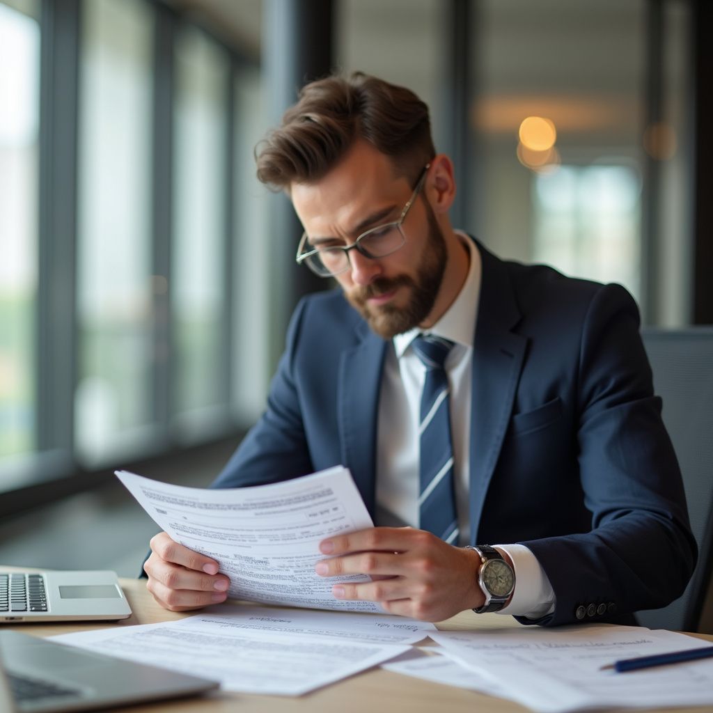 Man in a suit and glasses reviews documents at a desk, natural light.