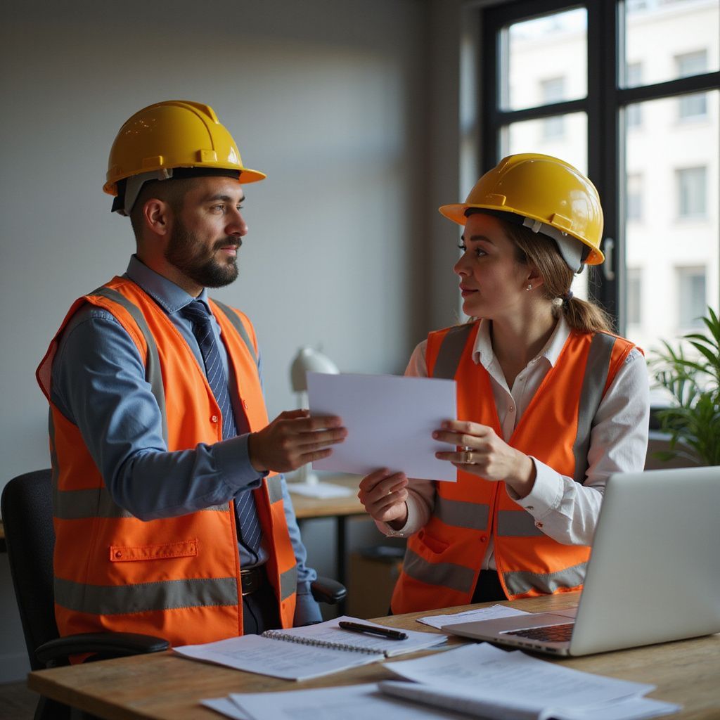Two people in hard hats and safety vests reviewing paperwork in an office setting.