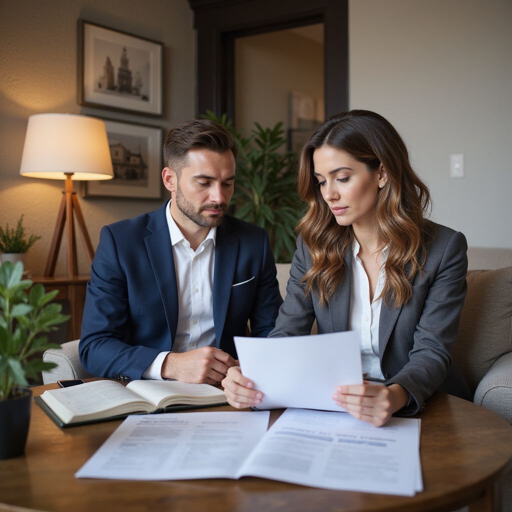 Man and woman in suits reviewing documents at a table.