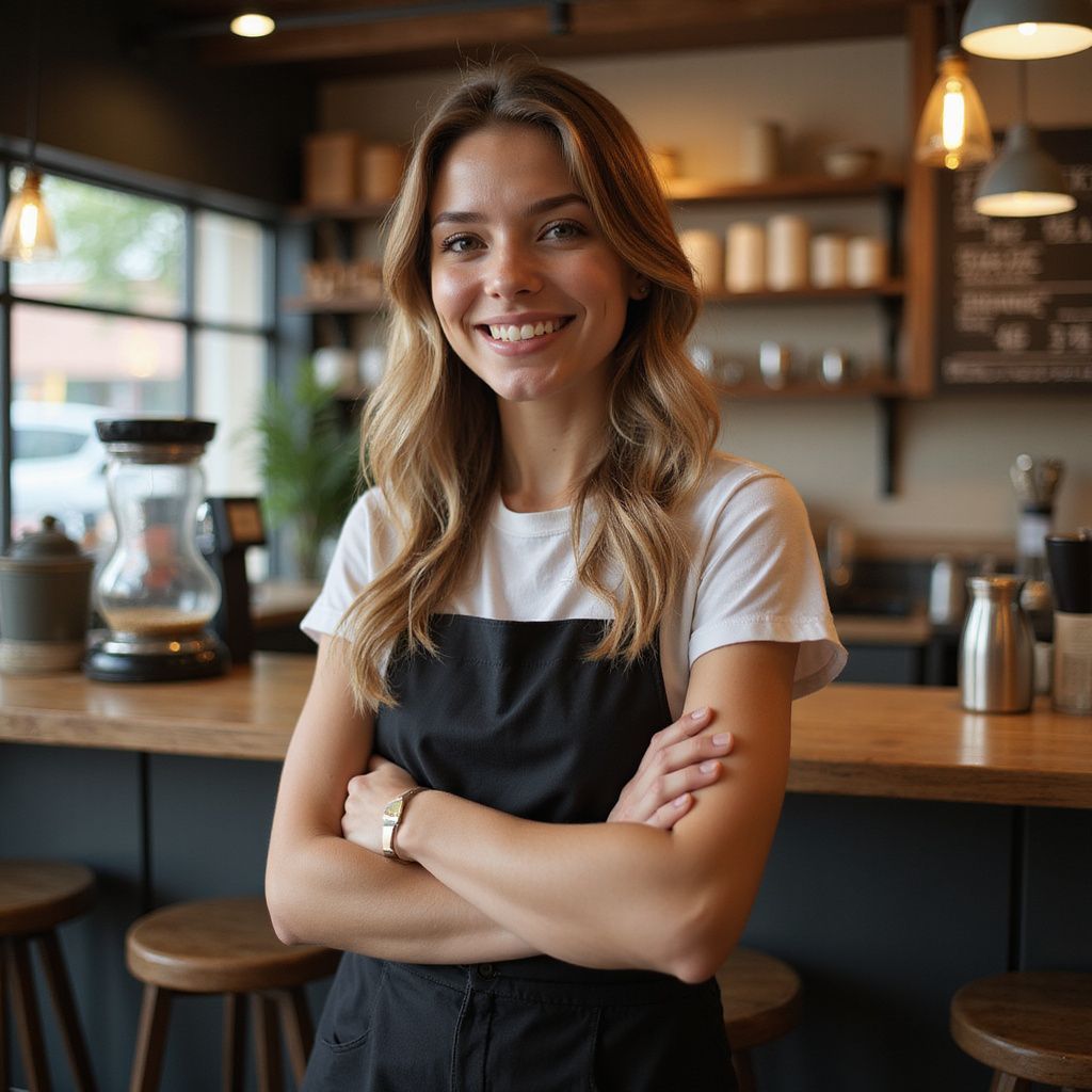 Woman with crossed arms smiles in a cafe, wearing a black apron.