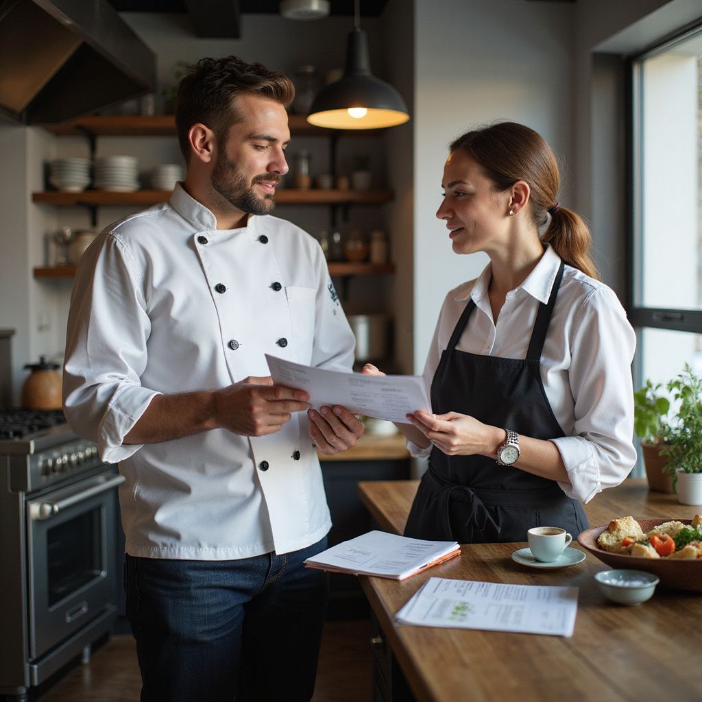 Chef and restaurant worker reviewing documents in a kitchen.