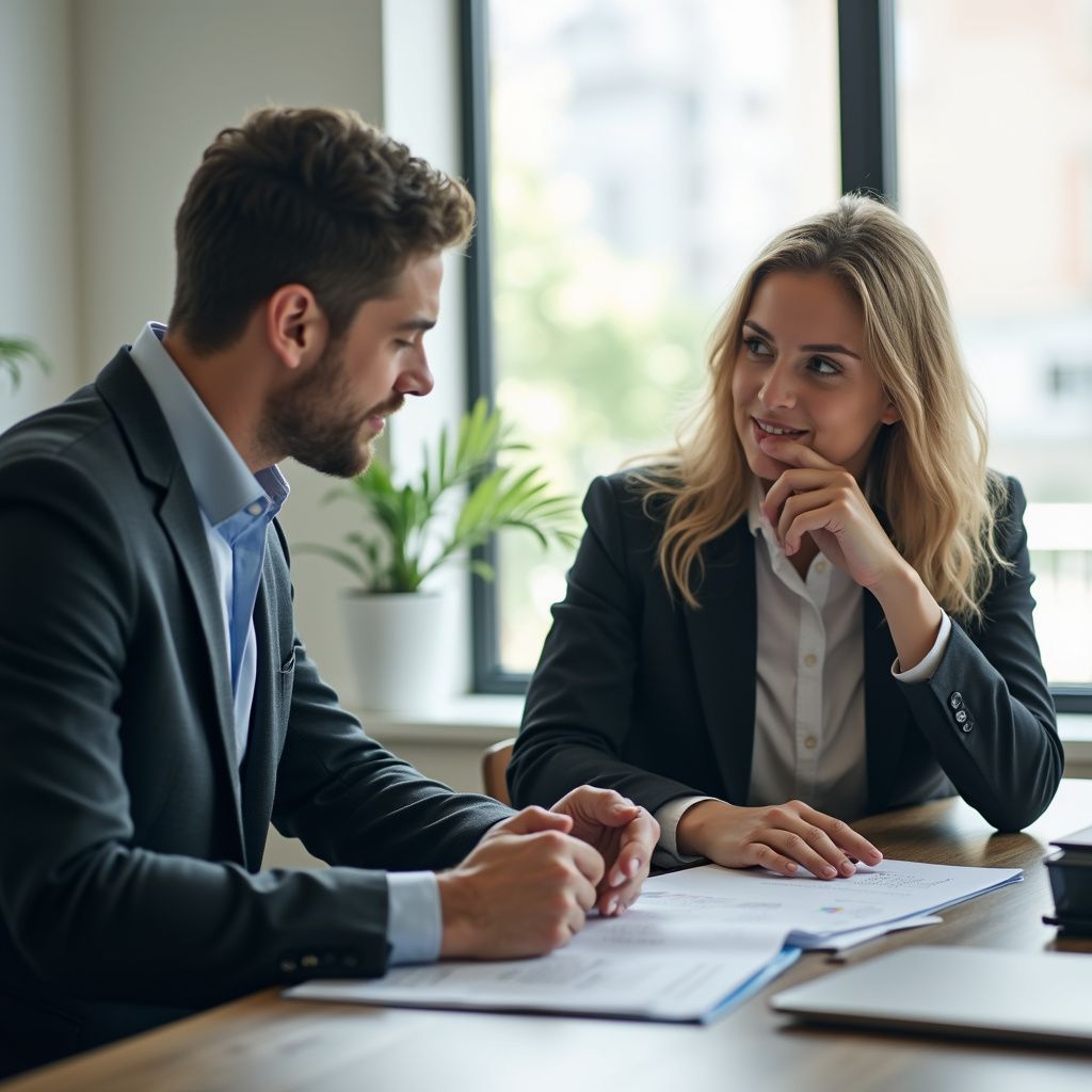 Man and woman in business attire reviewing documents at a table. Window and plants in the background.