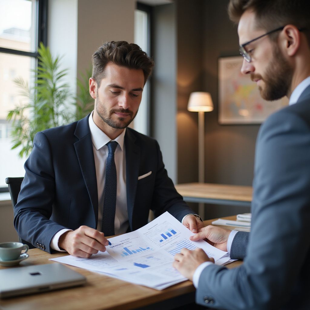 Two men in suits reviewing financial documents at a desk in an office.
