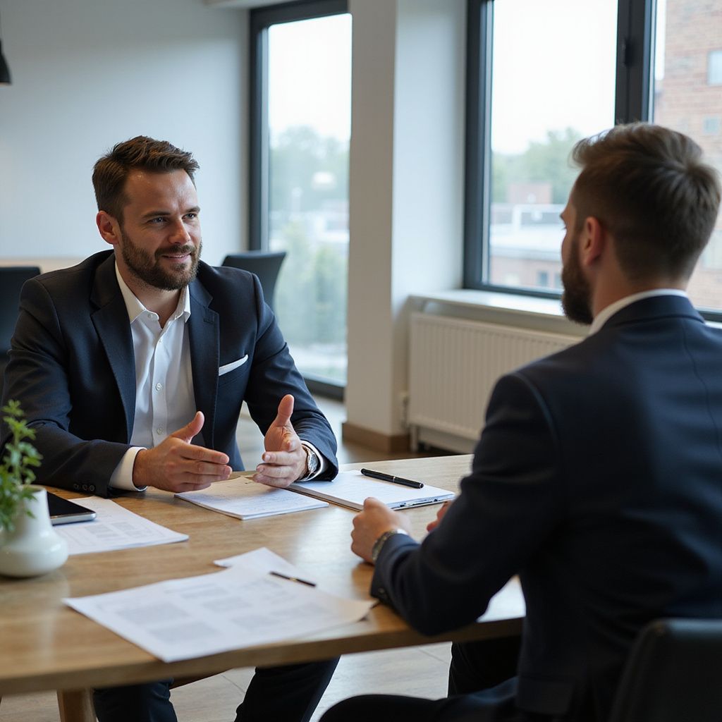 Two men in suits at a table; one gestures while speaking. Documents and a plant on the table. Office setting.