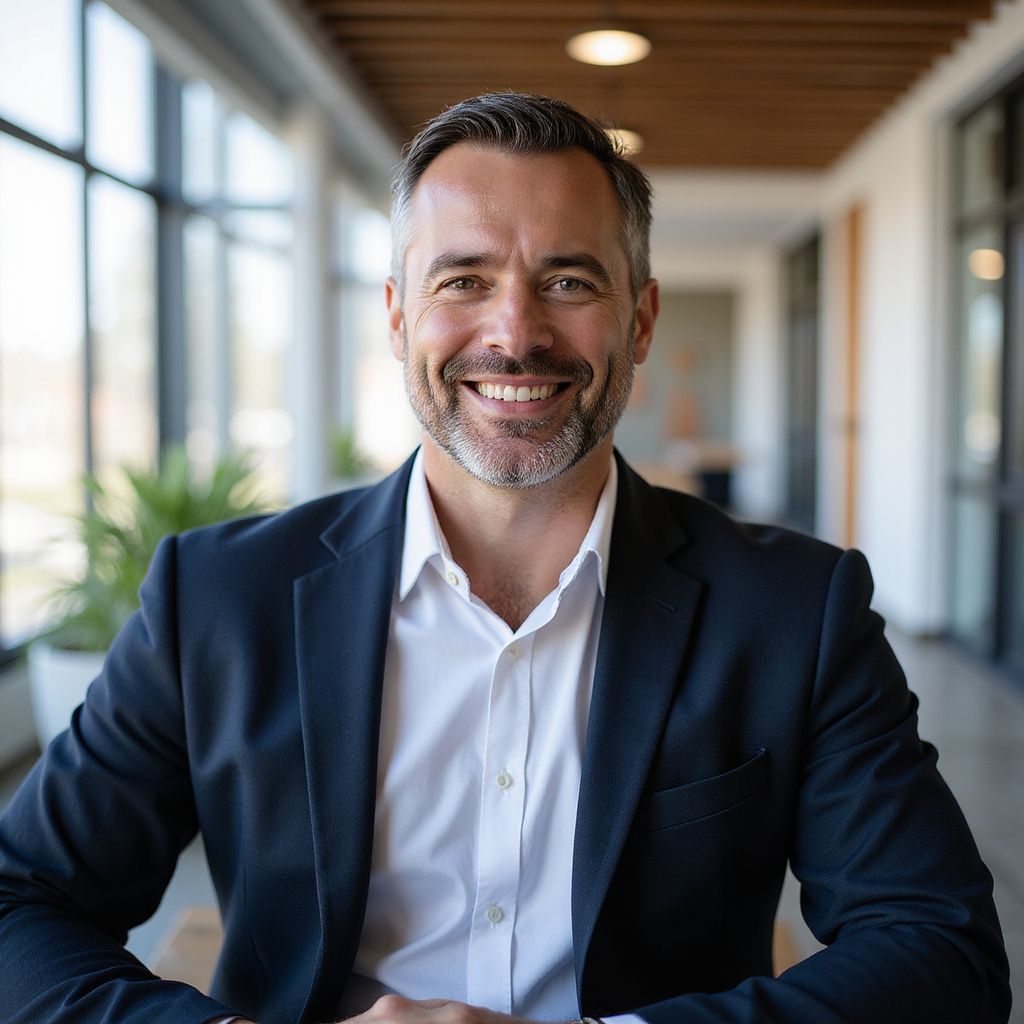 Man in blazer and white shirt smiles in bright office.