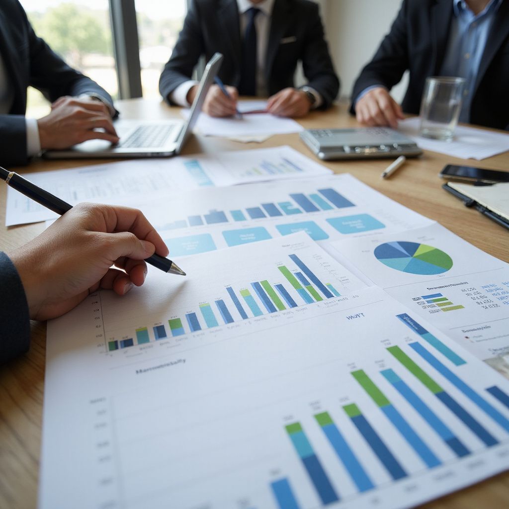 Business meeting with charts, graphs, and bar diagrams on a table. People in suits are analyzing data.