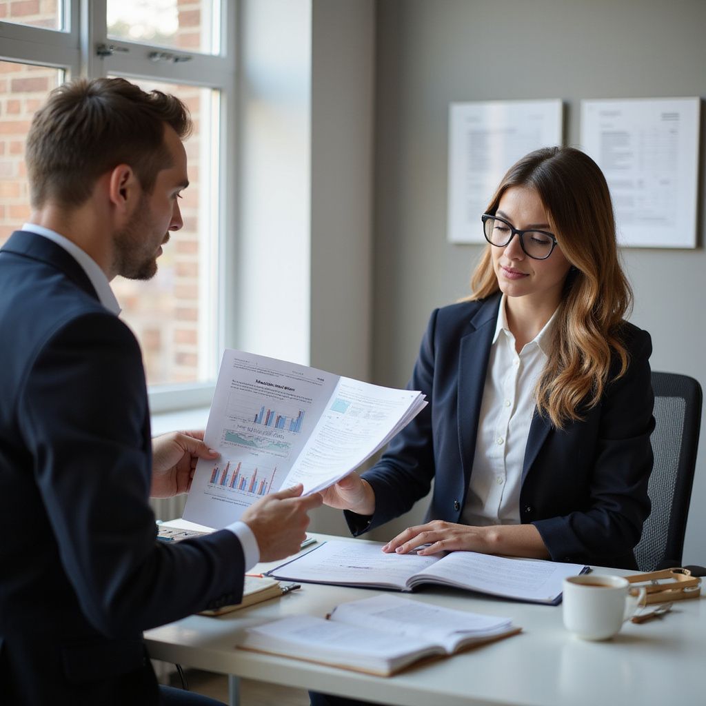 Man and woman in suits reviewing documents at a desk in an office.