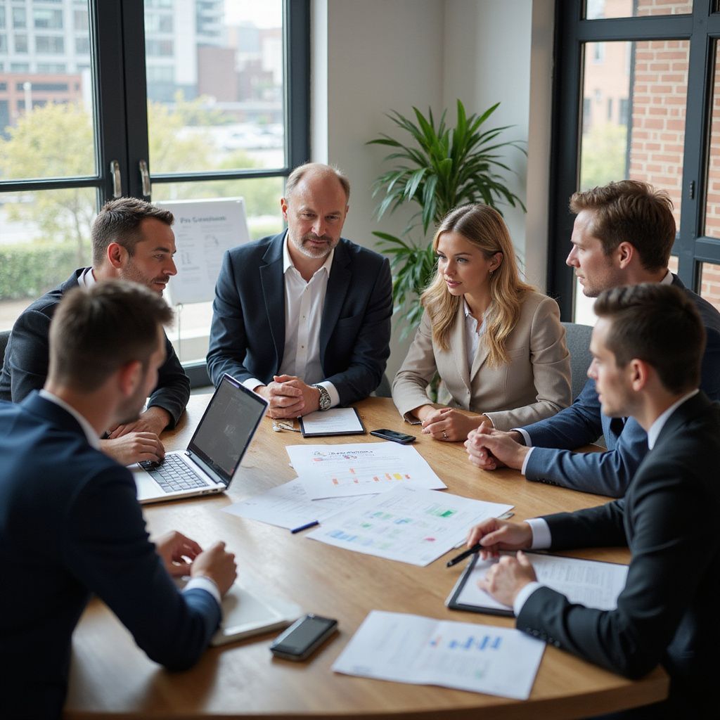 Business team in suits at a round table, discussing papers and using a laptop, in a modern office.