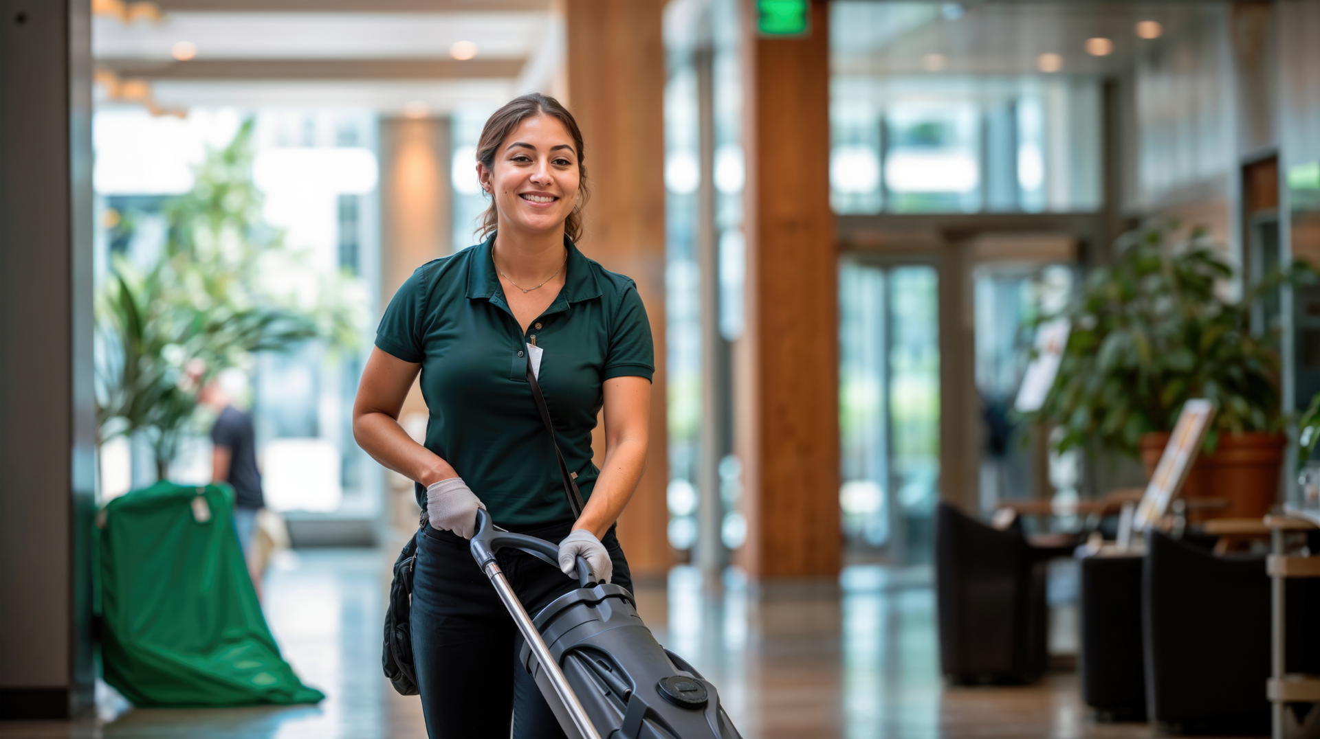 Woman smiling, pushing a cleaning cart down a brightly lit hallway.