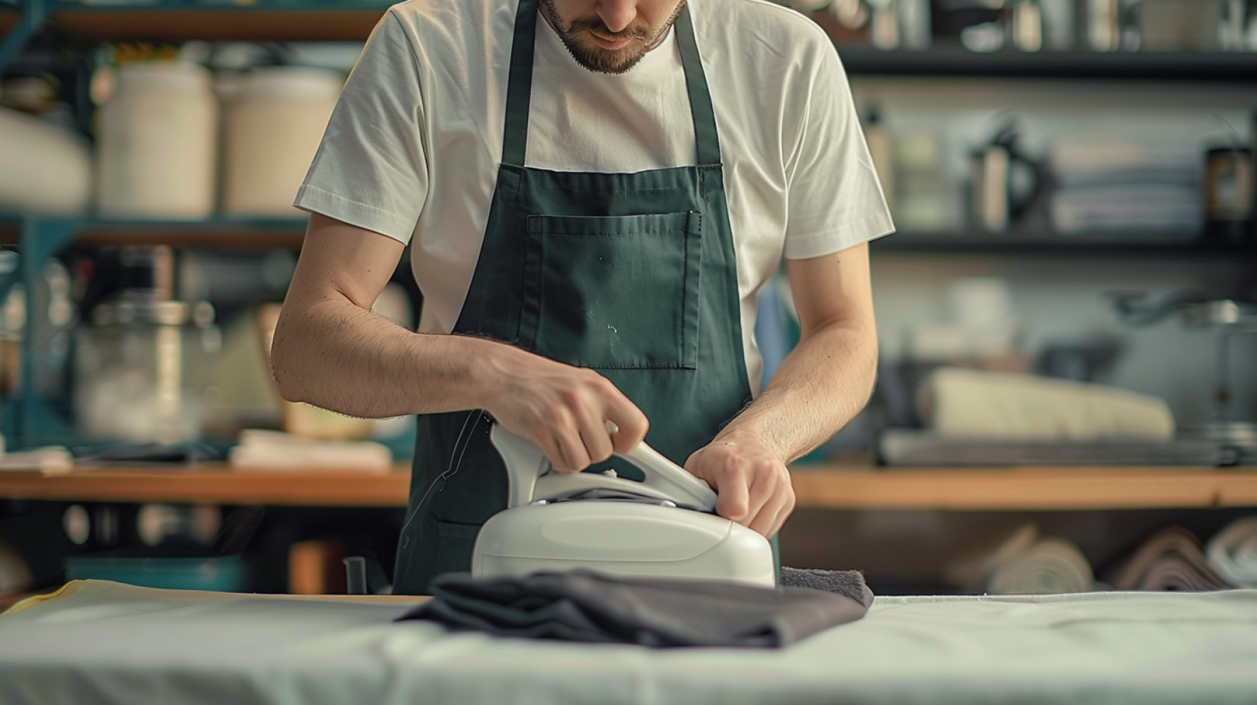 Person in apron ironing dark fabric on a table in a workshop setting.