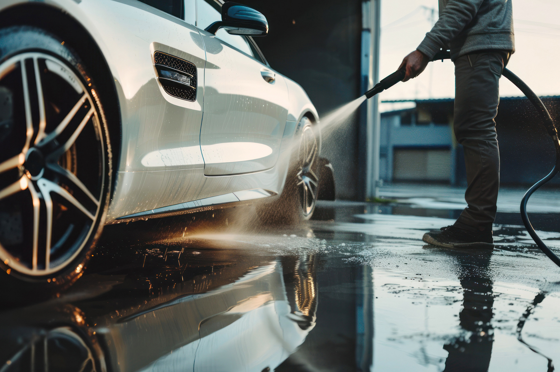 Person washing a silver car with a hose; water reflecting on the wet ground.
